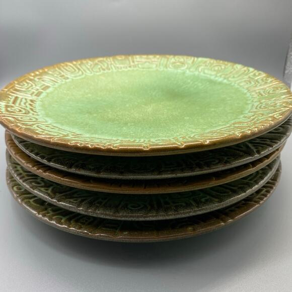 Vintage Mayan Aztec Frankoma Dinner plate Rutile Glaze Prairie Green Each Unique - Picture 10 of 10
